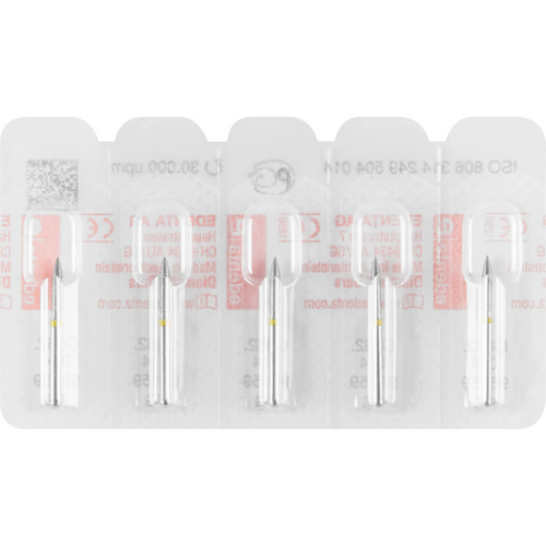 Diamant 862 5 stk. gul superfin, FG, fasong 249 flamme, 8 mm, ISO 014