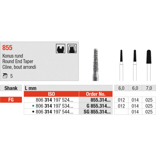 Diamant 855 5 stk. svart ekstra grove, FG, figur 197, rund kone, 7 mm, ISO 025