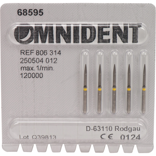 Omni diamanter 863 5 stk. gul superfin, FG, fasong 250 flamme, 10 mm, ISO 012
