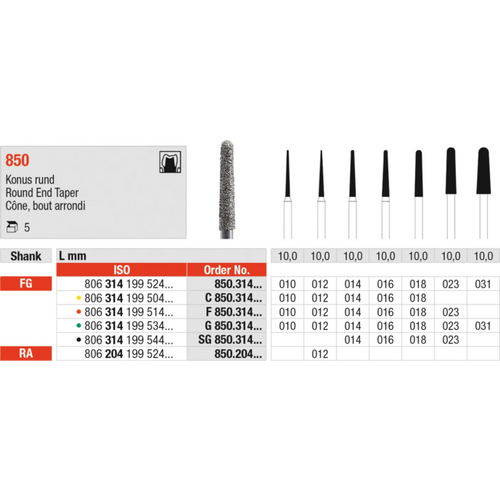 Diamant 850 5 stk. svart supergrov, FG, figur 199 rund kjegle, 10 mm, ISO 018