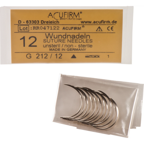 Sårnåler 12 stk, halvsirkelformet, trekantet i karbonstål med fjærøye 0,75 x 30 mm G 212/12