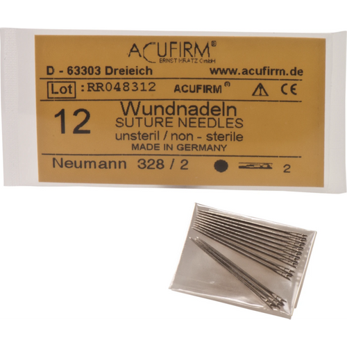 Sårnåler 12 stk, rette, karbonstål runde med fjærøye, 0,65 x 23 mm 328/2 (Neumann)