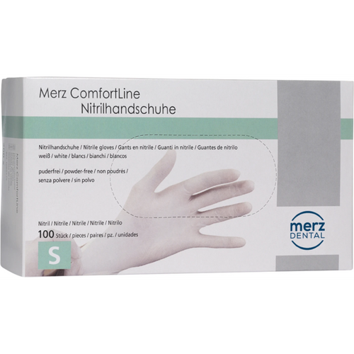 Merz Comfortline nitril hansker dispenserboks 100 stk pudderfrie, hvite, S