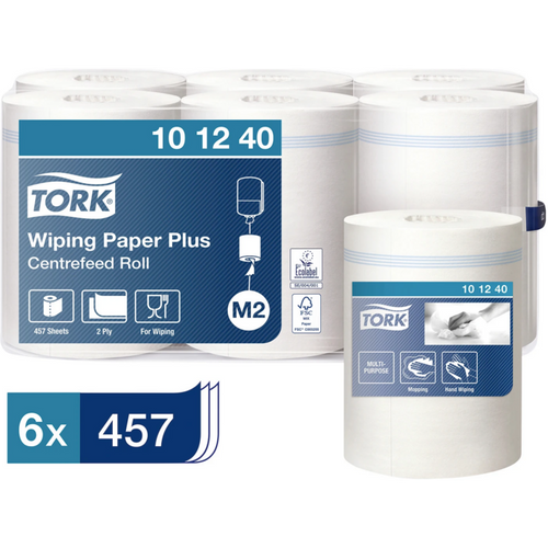 TORK strong multi-purpose paper wipes M1/M2 system kartong 6 x 457 stykker, 2-lags, 21,5 x 35 cm, lys hvit