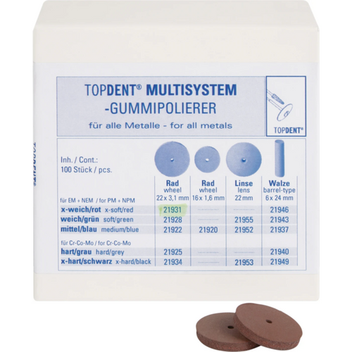 TOPDENT Multisystem rubber polisher Pack of 100 pieces red x-soft, wheel, Ø 22 mm x 3.1 mm
