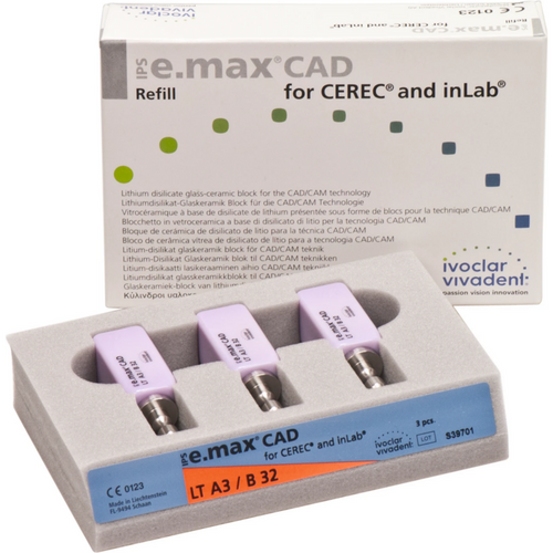IPS e.max CAD Monolitisk løsning for CEREC/inLab Pakke med 3 stk. A–D størrelse B32, A3 LT