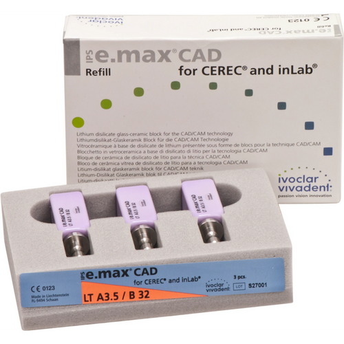 IPS e.max CAD Monolitisk løsning for CEREC/InLab Pakke med 3 blanker A–D størrelse B32, A3.5 LT