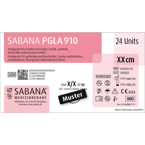 SABANA PGLA 910 Pakke med 24 stk fiolett, 75 cm, 3/8 sirkel, ytterkantsskjærende, 19 mm, USP 4/0