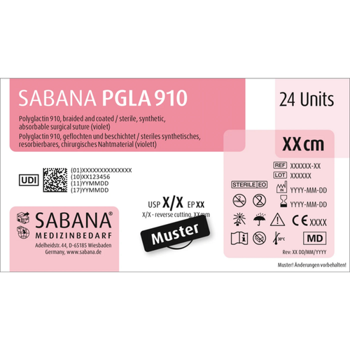 SABANA PGLA 910 Pakke med 24 stykker fiolett, 45 cm, 3/8 sirkel, utvendig skjærende, 16 mm, USP 4/0