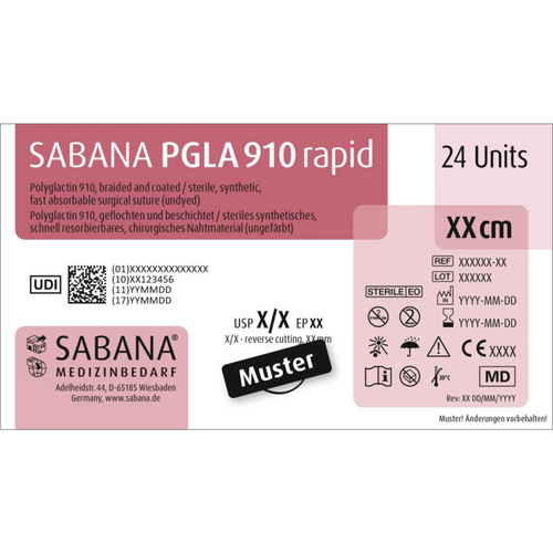 SABANA PGLA 910 rapid Pakke med 24 stykker, ufarget, 70 cm, 1/2 sirkel, rund kropp, 17 mm, USP 4/0