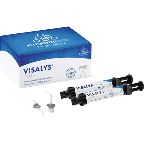 Visalys® Core Standardpakning 2 x 9 g (5 ml) sprøyter, hvit, 20 miksetips, 10 intraorale tips, 10 endotips