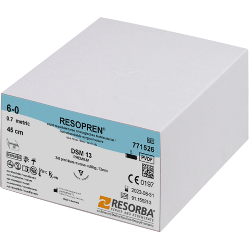 RESOPREN® Pakke 36 Stk. blå, 45 cm, DSM13, 3/8 sirkel, omvendt skjærende, premium cut, 13 mm, USP 6/0