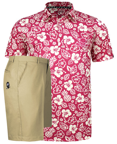 Aloha men's golf shirt with khaki OB skull ProCool golf shorts - what a combo!