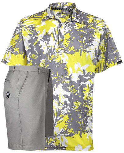 Aloha men's yellow/grey colored golf shirt with grey OB skull performance golf shorts - what a combo!