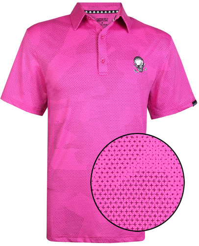 Rogue men's golf shirts with Cool-Stretch fabric technology - sizes small through 4XL.  Embroidered Skull & crossing clubs design.  Also available in blue, black, white, navy, and royal