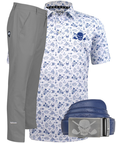 ProCool golf pants with Cool-Stretch white Flash golf shirt and blue ratchet belt - what a combo!