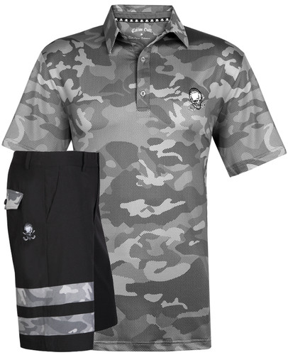 Camo X Cool-Stretch men's golf shirt with black Zuma skull ProCool golf shorts - what a combo!