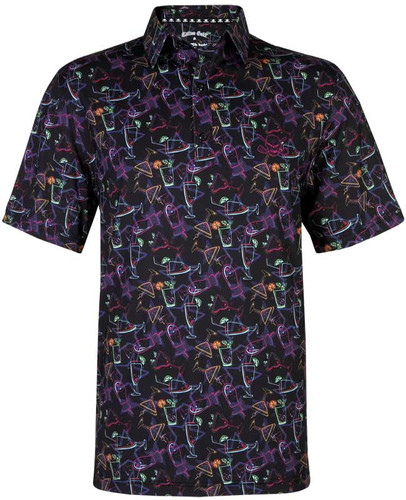 A colorful display of cocktails & skulls in an all-over popping neon print featuring our Cool-Stretch fabric technology.  Hey, it's 5 o'clock somewhere!  Available in men's sizes small to 4XL .  The 19th Hole is also available in a women's version so perfect for your next couples event