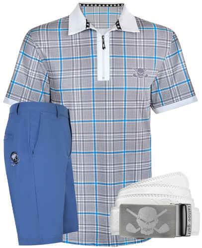 HT Plaid Cool-Stretch men's golf shirt, blue dusk golf shorts for men with embroidered design, and a one-size-fits-all leather Ratchet belt - what more do you need!