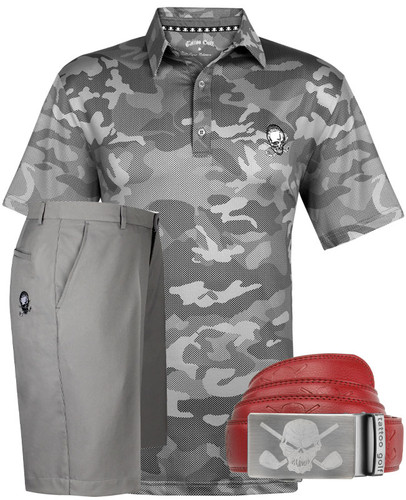 Camo X Cool-Stretch men's golf shirt, grey golf shorts for men with embroidered design, and a one-size-fits-all leather Ratchet belt - what more do you need!