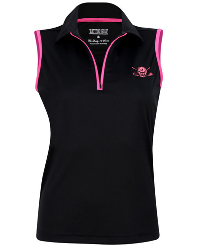 The new sleeveless Lucky 13  women's golf shirt with a zipper - no buttons!   Available in sizes small through 2XL.  Check out the matching golf skort to really make a nice looking golf outfit!