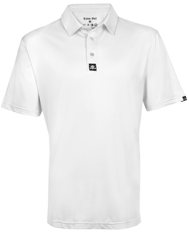 Still Basic men's golf shirts with Cool-Stretch fabric technology - sizes small through 4XL.  Embroidered Skull & crossing clubs design on the back.  Also available in pink, blue, and green