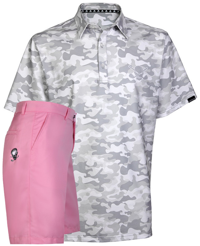 Camo Cool-Stretch men's golf shirt with pink OB skull ProCool golf shorts - what a combo!  The shirt is also available in blue, black, and orange. Sizes small through 4XL