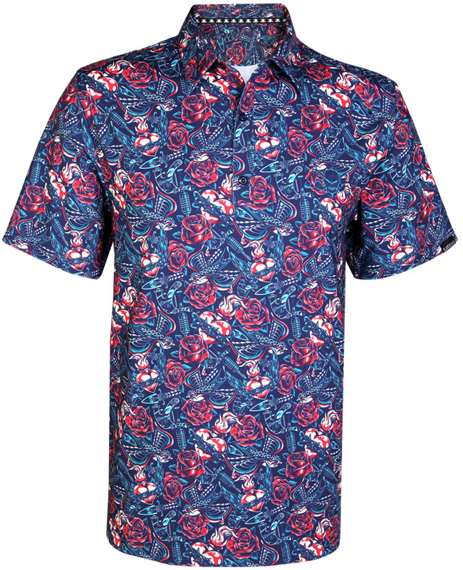 A colorful display of Tattoo Guns, roses, hearts, and even a few swallows in an all-over-print with our Cool-Stretch fabric technology.  Men's sizes small to 4XL