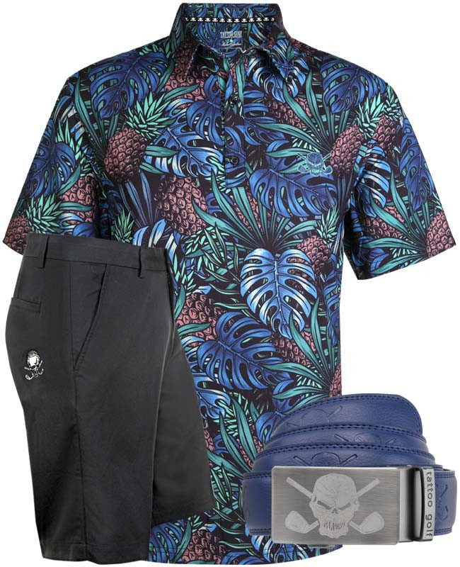 Aloha Cool-Stretch men's golf shirt, black golf shorts for men with embroidered design, and a one-size-fits-all leather Ratchet belt - what more do you need!