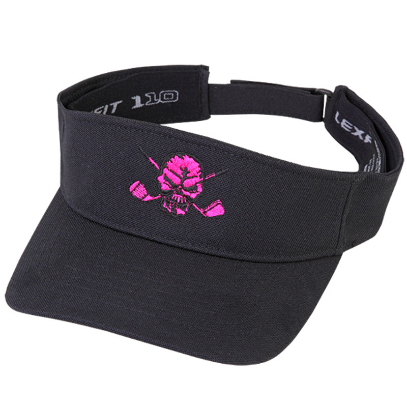 New eye-popping pink embroidered skull design on this hot Flexfit adjustable visor.