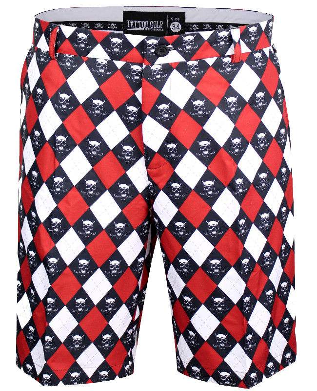 Red Monster argyle golf shorts with Pro Cool Technology for a super-cool and comfortable fit & feel.   Our Golf shorts are also available in black, grey, camo print, multi-color, plaid, electric blue, stripes, and charcoal skulls.