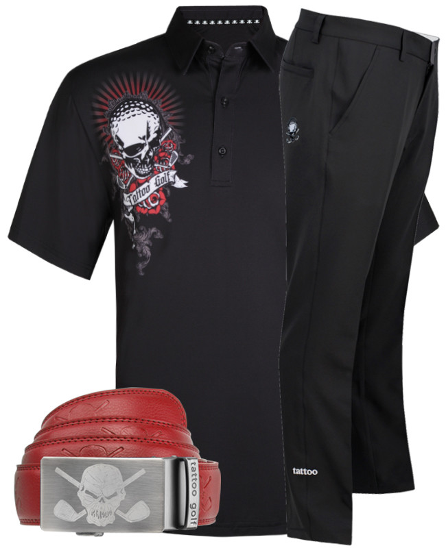 February Golf Outfit - Bad Lies Cool-Stretch golf shirt, black OB golf pants, and a red ratchet belt - what a combo!
