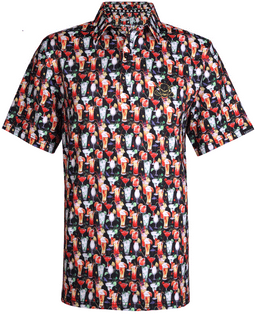 A colorful display of cocktails & skulls in an all-over-print with our Cool-Stretch fabric technology.  Hey, it's 5 o'clock somewhere! Available in men's sizes small to 4XL .  The 19th Hole is also available in green