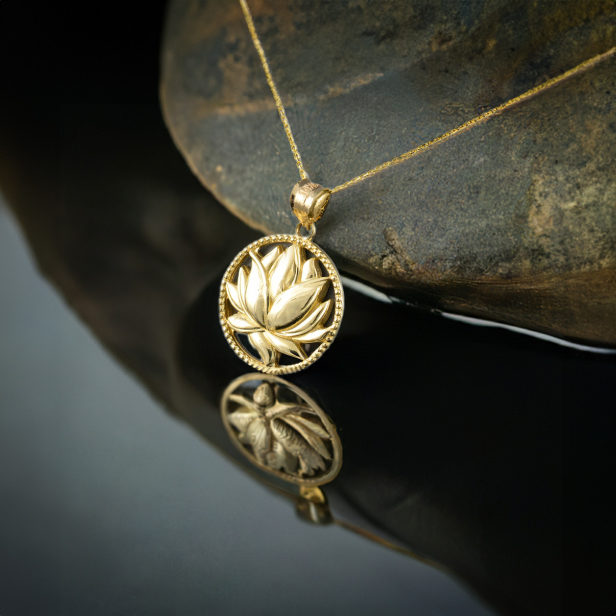 Polished Gold Lotus Flower in Circle Yoga Pendant Necklace - GOLD