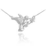 14k White Gold Hummingbird with Diamond Flower Necklace