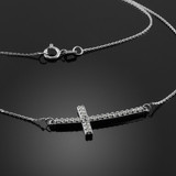 14K White Gold Sideways Diamond Curved Cross Pendant Necklace