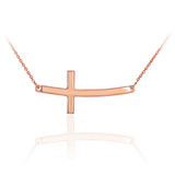 14K Solid Rose Gold Sideways Curved Cross Necklace