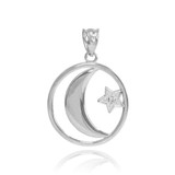 White Gold Crescent Moon with Diamond Star Islamic Pendant Necklace
