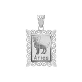 Polished White Gold Aries Zodiac Sign Rectangular Pendant Necklace