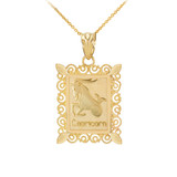 Gold Capricorn Zodiac Sign Filigree Square Pendant Necklace