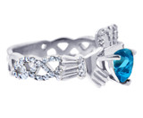 White Gold Blue Topaz Birthstone Diamond Claddagh Ring