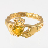 Gold Celtic Band Citrine CZ Claddagh Ring