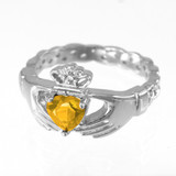 White Gold Celtic Band Citrine CZ Claddagh Ring