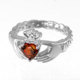 White Gold Celtic Band Garnet CZ Claddagh Ring