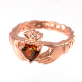 Rose Gold Celtic Band Garnet CZ Claddagh Ring
