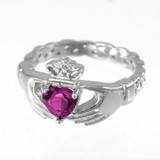 White Gold Celtic Band Alexandrite CZ Claddagh Ring