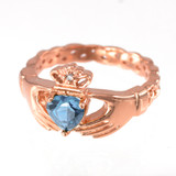 Rose Gold Celtic Band Aquamarine CZ Claddagh Ring