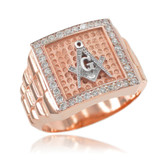 Rose Gold Masonic Square CZ Mens Watchband Ring