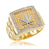 Gold Marijuana Weed Square CZ Mens Hip-Hop Ring