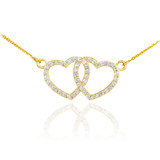 14K Gold Diamond Studded Double Heart Necklace